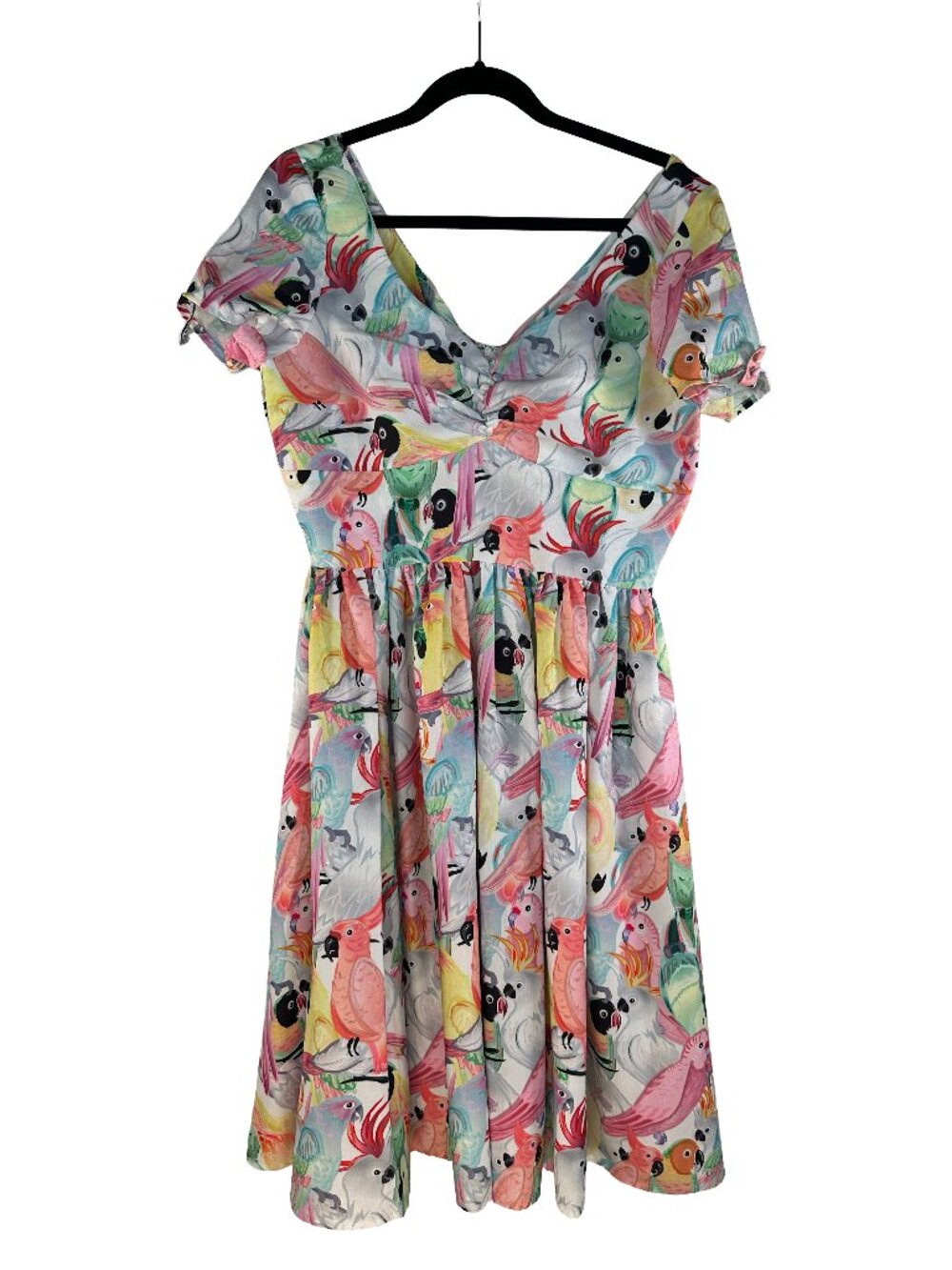 Unique Vintage - 1950 White & Multicolor Parrot Print Draper Swing Dress - Large - Picture 4 of 5